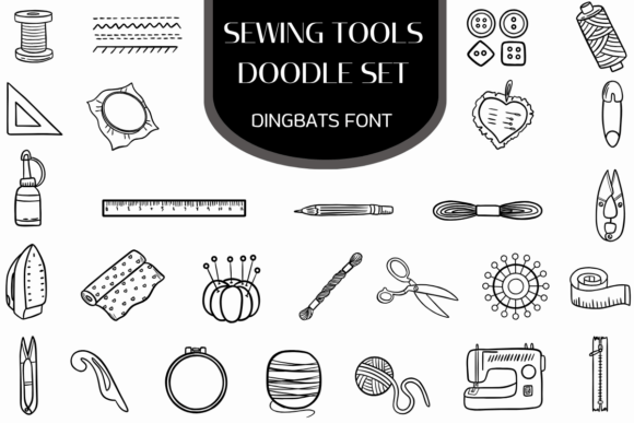 Sewing Tools Doodle Set Font for Branding